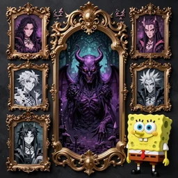 baroque bedazzled gothic royalty frames surrounding a pixelsort emo demonic horrorcore yokai japanese spongebob squarepants, low quality sharpened graphics, remastered chromatic aberration spiked korean bloodmoon sigil stars draincore, gothic demon hellfire hexed witchcore aesthetic, dark vhs gothic hearts, neon glyphs spiked with red maroon glitter breakcore art by guro manga artist shintaro kago
