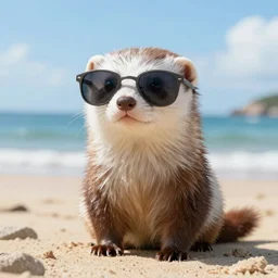 a cute anthropomorphic furry ferret character wearing shades on a beach
