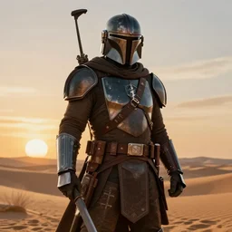a medieval fantasy mandalorian in the style of very very photorealistic digital art by envar studio, detailed and ornate armor, concept art, movie quality, ultra realistic, epic, stunning composition, desert sunrise in the background, unreal engine 5, nvidia, oil painting