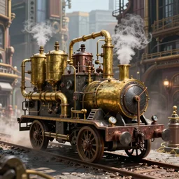 steampowered vehicle in the steampunk city. Brass pipes and weathered metal. Dials and steam, water tanks