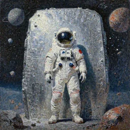 A futuristic cosmonaut standing in front of an epic shiny metal monolith wall, oil on canvas, by Simon Stalenhag, by Zdzisław Beksiński, by Bruce Pennington, masterpiece, trending on artstation, featured on pixiv, cinematic composition, concept art, dramatic lighting, aesthetic, planets, stars, asteroids, no frames, 8K