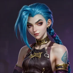 portrait of jinx, league of legends, intricate, elegant, highly detailed, digital painting, artstation, concept art, smooth, sharp focus, illustration, by ilya kuvshinov and krenz cushart