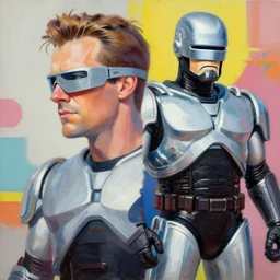 greg manchess portrait painting of peter weller combined with the robocop as overwatch character, medium shot, asymmetrical, profile picture, organic painting, sunny day, matte painting, bold shapes, hard edges, street art, trending on artstation, by huang guangjian and gil elvgren and sachin teng