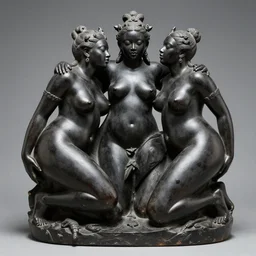 onyx sculpture of 3 beautiful sensual obese black deities caressing each other in ecstasy, museum artifact