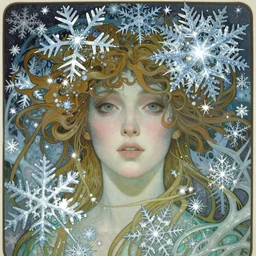 realistic detailed face portrait of a unearthly ethereal ghostly fairy tale Ice Fairy among giant intricate snowflakes by Alphonse Mucha, Ayami Kojima, Amano, Charlie Bowater, Karol Bak, Greg Hildebrandt, Jean Delville, and Mark Brooks, Art Nouveau, Neo-Gothic, gothic, rich deep moody colors
