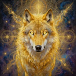 golden astral wolf by yvonne mcgillivray by mandy jurgens by michael divine, powerful eyes glowing highly detailed painting, spiritual abstract forms, symmetrical, trending on art station, abstract emotional, very beautiful, fantasy digital art, highly detailed patterned visionary art, magic symbols, by michael divine, cosmic nebula