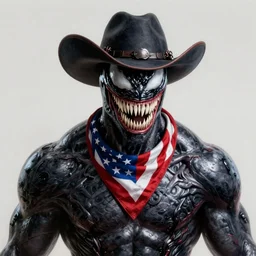a portrait of venom with a cowboy hat on with an American flag scarf, D&D, sci-fi, elegant, hopeful, muscular, highly detailed, digital painting, artstation, concept art, smooth, sharp focus, illustration
