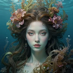 hyperdetailed underwater portrait of gaia with floral plants in hair. by greg rutkowski, highly detailed, digital painting, artstation, smooth, sharp focus illustration, artstation hq. intricate, elegant, 8 k, unreal engine. art by wlop and artgerm and ayami kojima. dan mumford, tomokazu matsuyama, takato yamamoto