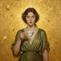 epic painting, portrait of beautiful goddess wearing olive dress holding tea cup with golden glow background, drawing, photography by amy leibowitz, wlop, jeremy lipkin, beeple, intricate golden fractals, team leaves flying in the sky, symmetrical front portrait, artgerm