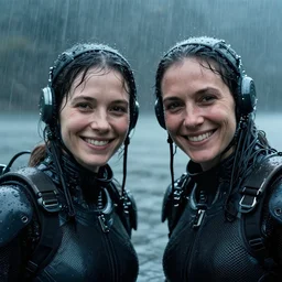 cinestill 5 0 d candid photographic portrait by helen levitt of two smiling cyborgs wearing rugged black mesh techwear in treacherous waters, extreme closeup, modern cyberpunk moody depressing cinematic, pouring rain, 8 k, hd, high resolution, 3 5 mm, f / 3 2, ultra realistic faces, ex machina