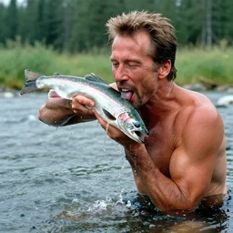shirtless Christopher Walken catches salmon with his mouth in a river, photo, highly detailed, 4k