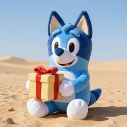 blue'snappy gifts'human - sized plush doll, in the desert, holding gift, happy atmosphere, high detail, 8 k