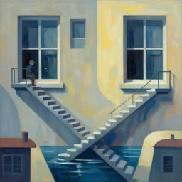 Windows are closed and locked. The ramps and stairways are dammed up so that no one can get out. The water level rises steadily. The dwarf feels remorseful about it. He is not a thief, but he does what needs to be done. The cityscape below him looks like an abstract painting, with sharp angles and smooth curves combining in interesting ways.