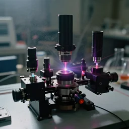optical instruments mounted on a large table, extremely detailed closeup, devices diffracting lasers, few colors, scientific laboratory experiments, photoreal, new equipment, analog nikon photo, smoke in the background, dust particles in the air