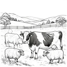 colouring page of a new zealand farm, cows and sheep