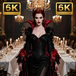 hyperrealistic mid shot portrait of high detail amber heard as a vampire witch in ornate black robe red swan feathers as the mistress of a long marble dinner table with candles and chandeliers. by jeremy mann, fantasy art, photo realistic, dynamic lighting, artstation, poster, volumetric lighting, 4 k, award winning