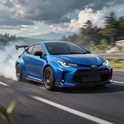 blue toyota gr yaris drift on the road, initial d style anime art