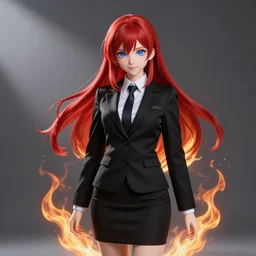 dollfie in black office suit with skirt, red hair, blue eyes, fractal flame