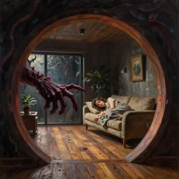 indie a modern house. a portal to hell in wooden floorboards. a demonic hand reaches out from within, to a woman, sleeping on a sofa, unaware of the danger awaiting, art by wes benscoter