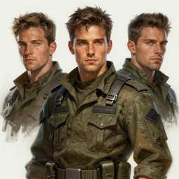 portrait of a man by Greg Rutkowski, who looks like a mixture between Oscar Isaac, Henry Cavill and Pedro Pascal wearing military fatigues, scifi, highly detailed portrait, digital painting, artstation, concept art, smooth, sharp foccus ilustration, Artstation HQ.
