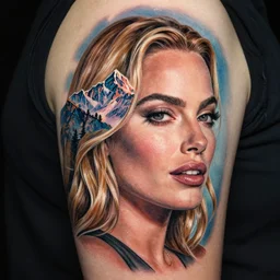 mash up realism tattoo design of margot robbie and beautiful mountains, in the style of arlo dicristina, amazing detail, face morph