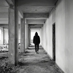 black and white tri - x photograph of a hooded figure caught in the hallway of a rotting abandoned brutalism structure