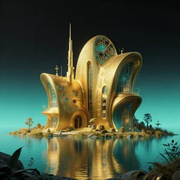 photo hyper realistic concept architecture art house solarpunk in the funny lake, volumetric lighting style futuriste, gold and black turquoise ratio,, octane render excellent composition style escher and alphosne mucha