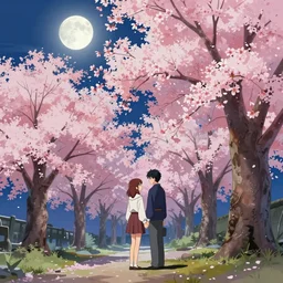 aromatic pink sakura trees in the soft light of the moon, an anime scene of a young couple under the trees, in a traditional Japanese setting, art by Vivi Ornitier, otaku, weeb, weeaboo, Japan, Cherry blossoms, sakura