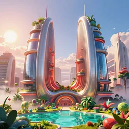 highly detailed futuristic architecture by Zaha Hadid and salvador dali, in the style of pixar animation, stylized vegetation, ground-level view, puddles of turquoise water, foggy atmosphere, stunning sunny lighting, sunrise, vivid colors, trending on Artstation, 8k, matte painting, ray tracing, hyper detailed, unreal engine 5, cinematic, epic lighting, cryengine, octane render, cyberpunk, red and orange glow, vibrant