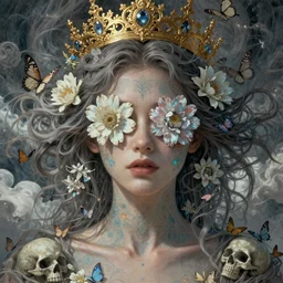 ornate, intricate, young, beautiful, woman, fractal patterns, ethereal, flowers covering eyes, flowing hair, cinematic by Tsutomu Nihei by Emil Melmoth, Gustave Dore, Craig Mullins, yoji shinkawa,Luis Royo, skulls, artstation, pete morbacher, hyper detailed, high detail, artstation, rendering by octane, unreal engine, cinematic, ghost, clouds, colors, paint strokes, butterflies, gold, crown, beautiful eyes , 8K