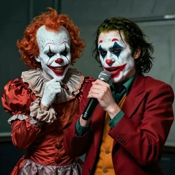 The Joker doing Karaoke with Pennywise the Dancing Clown, 4k, ultra realistic, detailed