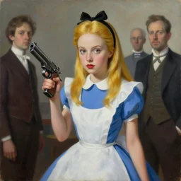 pop surrealism, lowbrow art, realistic cute alice girl painting, holding a gun, hyper realism, muted colours, rococo, natalie shau, loreta lux, tom bagshaw, mark ryden, trevor brown style,