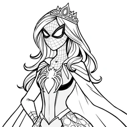 princess spiderman, disney, marvel, cape superhero, tiara dress, in the coloring book style, black and white,