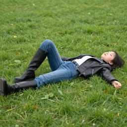 young girl lies on a meadow, she wears leather jacket, jeans and knee high black boots, sharp focus, photo taken by nikon, 4 k,