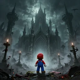 concept art of mario in a ruined kingdom, resident evil, gothic horror, silent hill, occult, terror, mist, volumetric render