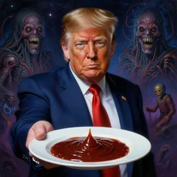 portrait of donald trump holding a plate of gravy out to the camera, cosmic horror painting, elegant intricate digital painting artstation concept art by mark brooks and brad kunkle detailed