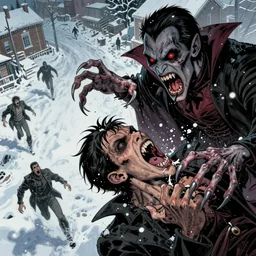 Rafael Albuquerque comic art, Joshua Middleton comic art:: action shot of scary vampires red eyes attacking and eating people, open mouths sharp teeth, long sharp fingers long nails:: snow, overhead shot downward angle, people screaming and running, small town:: horror, grotesque, fighting aggression, battle::