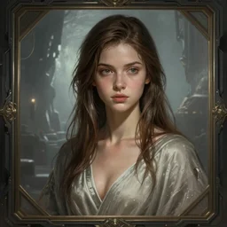 a young woman by greg rutkowski, lily frame, she is about 2 0 years old, thousand yard stare, wearing robes revealing intimate, highly detailed, scifi, digital painting, artstation, concept art, smooth, sharp foccus ilustration, artstation hq.