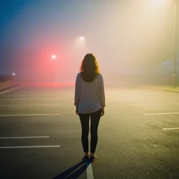photograph of a woman! from the back standing in an empty parking lot at night by mark owen. red light post. thick fog. pastel colors. kodak portra film!!. whirl bokeh!. mamiya 7. highly detailed. hq. photoreal. golden hour. lens flare. faded film.