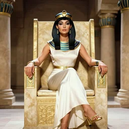 Cleopatra sitting on her throne Egyptian architecture Monica Bellucci painted by Alberto Vargas
