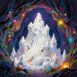 white lava, interior of a mountain hut, colorful dream, glowing lights, epic fantasy, colorfully, detailed illustration, digital art, highly saturated colors, overdetailed art, concept art, detailed illustration, hd, 4 k, digital art, greg rutkowski, dan mumford, studio ghibli trending on artstation