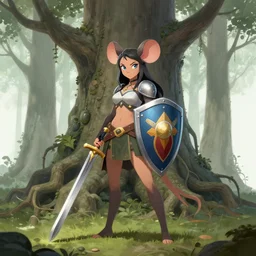 mouse guard - mouse girl with sword and shield, female, tall root tree background, concept art, by ilya kuvshinov, greg rutkovski
