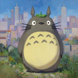 totoro in the big city, oil painting