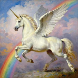 winged unicorn galloping on a rainbow by albert edelfelt, clouds in the background, oil painting, high detail, vibrant colors, high quality,