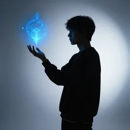 photo still of, dark silhouette of a young man, enchanting a floating blue spell, 8 k, studio lighting bright ambient lighting key light, 8 5 mm f 1. 8