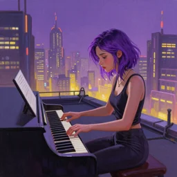 photorealistic painting of a woman with purple hair playing the piano on top of a rooftop in a cyberpunk city, pixar, long shot, Purple and Yellow lighting, Vaporware style,