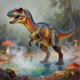 highly detailed oil painting of a velociraptor!! ( ( mushroom ) ) in a steaming colorful hotspring, featured on artstation