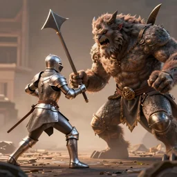 a knight battling a giant, 3 d octane render