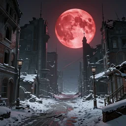 a ruined city in the style of aetherpunk, a snowy street, huge red moon, global illumination, detailed and intricate environment, mysterious