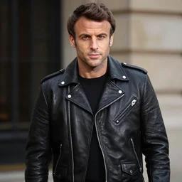 emmanuel macron wearing a black leather jacket, biker, rock n roll